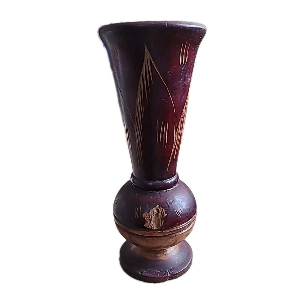 Vintage Hand-Carved Tiki Wood Bud Vase, Island, Polynesian, 9x3"
